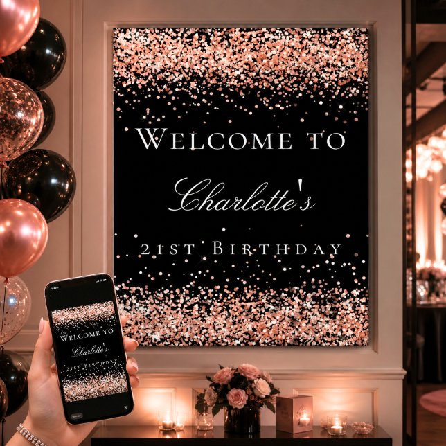 Födelsedags svart roséguld glitter välkommen poster (Skapare uppladdad)