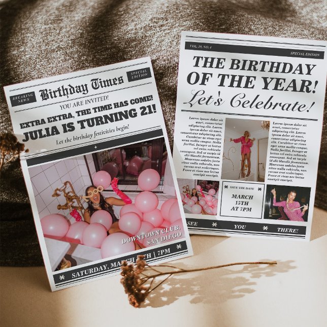 Födelsedags tidningsinbjudan 21-års inbjudan (Birthday Newspaper Invitation 21st Birthday Invite)