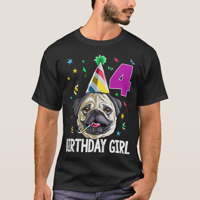 Födelsedags tjej Mops 4 T Shirt (Framsida)