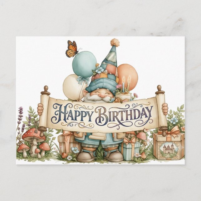 Födelsedags Tomte Illustration med Ballonger Vykort (Framsida)