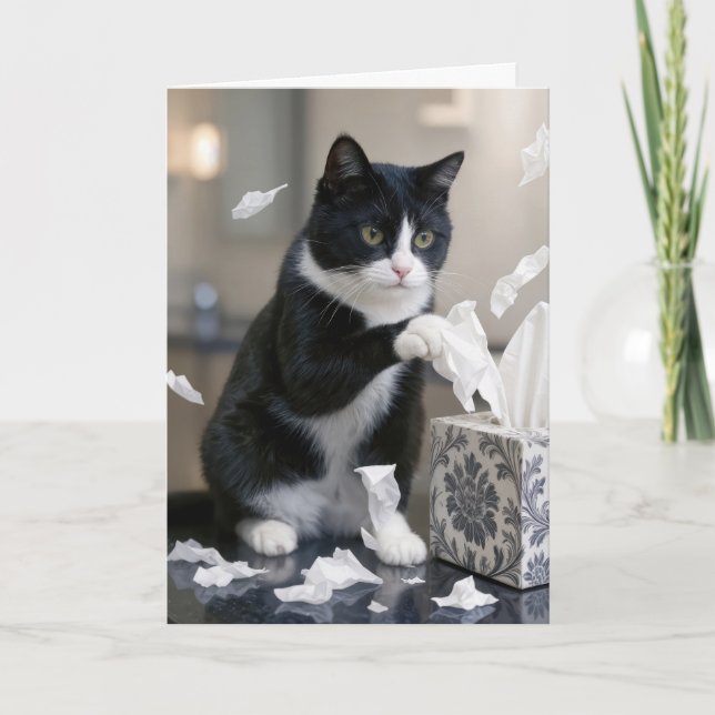 Födelsedags Tuxedo Katt Lekar med en vävnads låda Kort (Framsida)