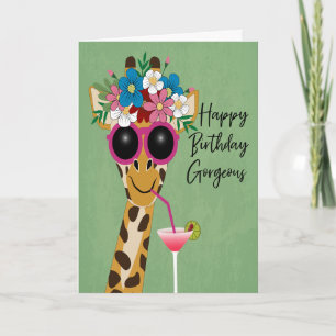 Födelsedags Vacker Giraff med Blommor och Solglasö Kort