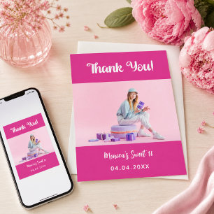 Födelsedags varmt rosa foto tack-kort inbjudningar