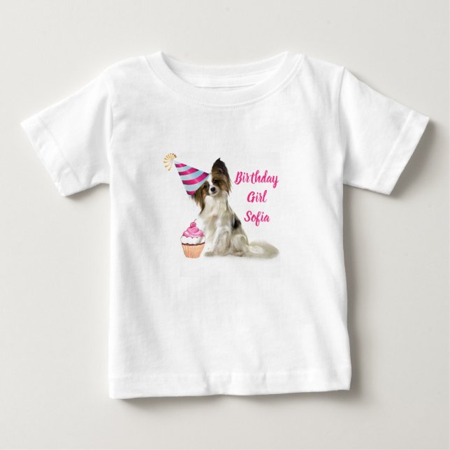 Födelsedagsbabyflicka med Papillon Hund T-Shirt (Framsida)