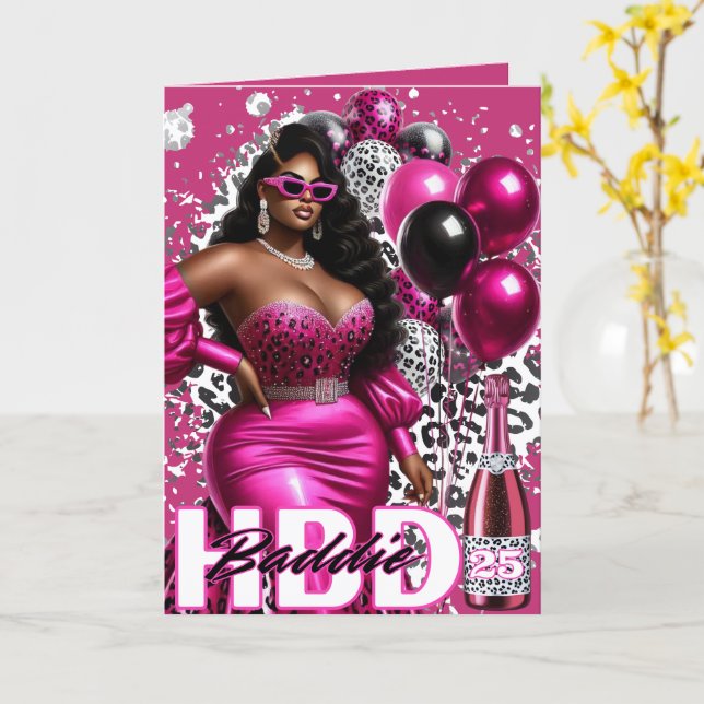 Födelsedagsbaddie Svart Kvinna Rosa & Leopard Kort (Gul blomma)