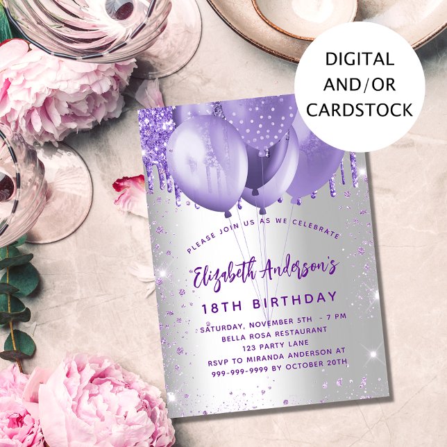 Födelsedagsballonger i silver violet glitter inbjudningar (Skapare uppladdad)