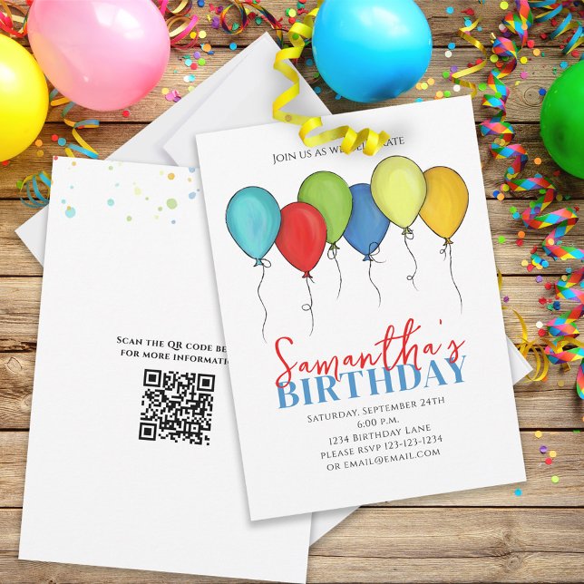 Födelsedagsballonger Konfetti Modern QR-kod för Pa Inbjudningar (Skapare uppladdad)