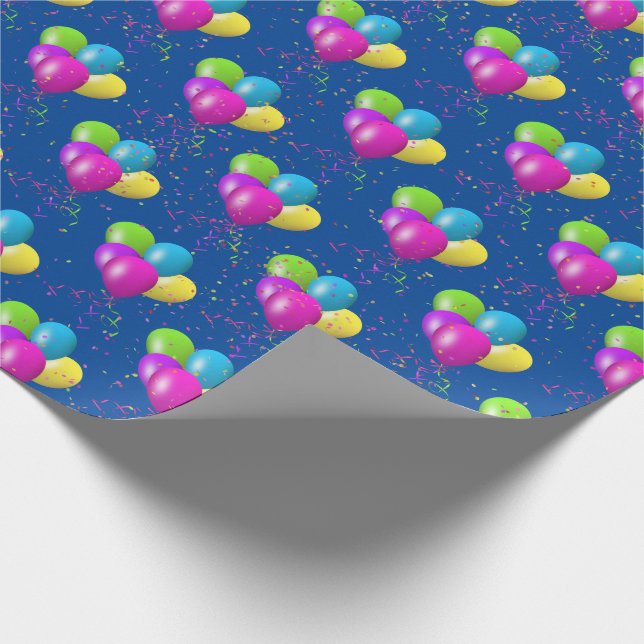 Födelsedagsballonger med konetti om blått presentpapper (Hörn)