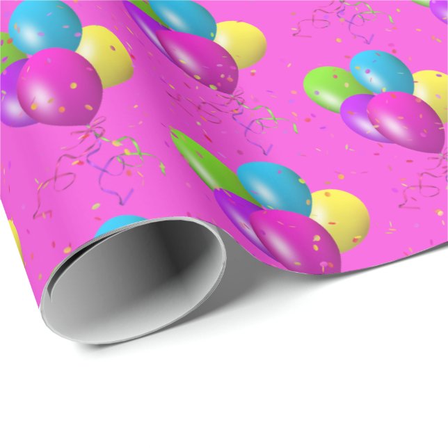 Födelsedagsballonger med konfekti på rosan presentpapper (Rullad Hörn)