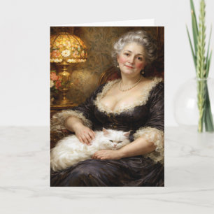 Födelsedagsbarockkvinna poserar med vit katt kort