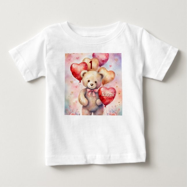 Födelsedagsbjörn med namn och ålder för små flicko t shirt (Framsida)