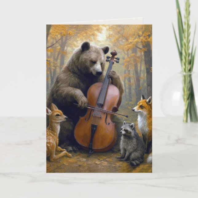 Födelsedagsbjörn spelar cello i höstskog kort (Framsida)