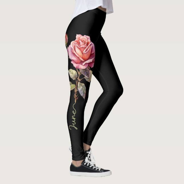 Födelsedagsblomma i juni, rosé och rosa ros på sva leggings (Höger)