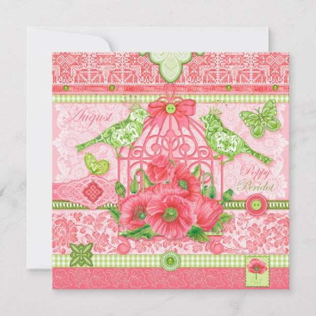 Födelsedagsblomma och ädelsten Augusti Fågelbur Ko Inbjudningar (Framsida)