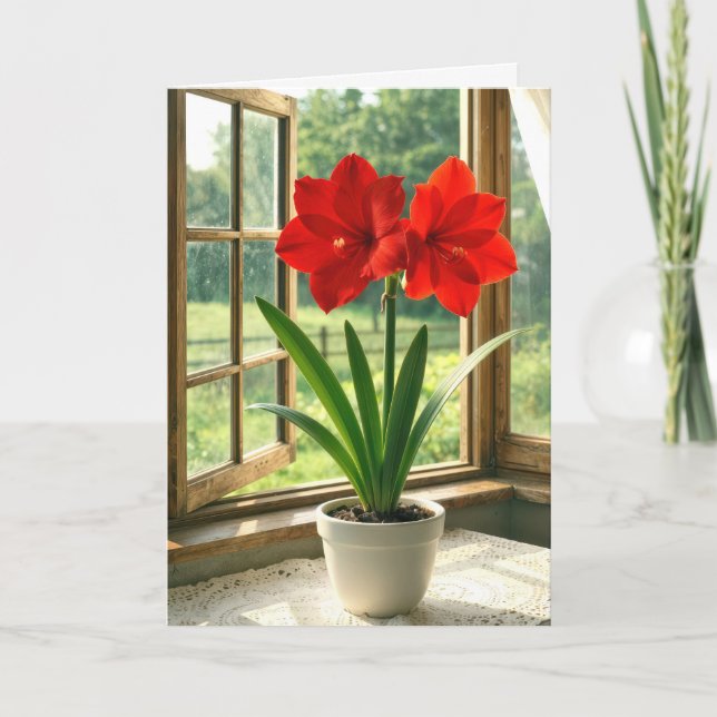 Födelsedagsblommande röd amaryllis  kort (Framsida)