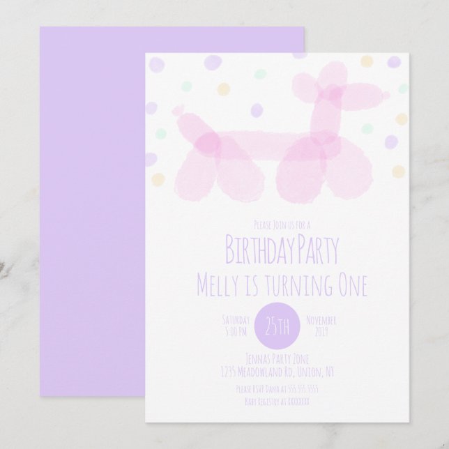 Födelsedagsbubbla Djurs Lila Rosa Pastel Inbjudningar (Fram/baksida)