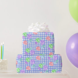 Födelsedagsbubblor på Blue Gingham Wrapping Papper Presentpapper