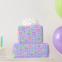 Födelsedagsbubblor på Lila Gingham Wrapping Papper Presentpapper