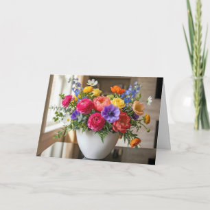 Födelsedagsbukett med sommarblommor i vas kort