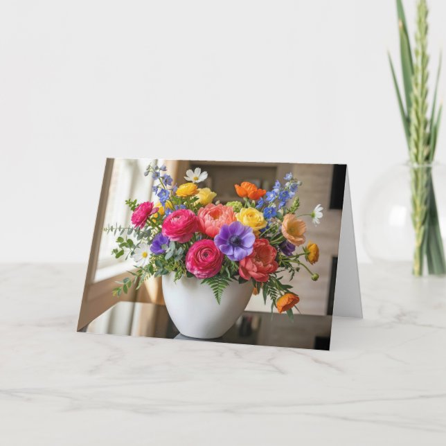 Födelsedagsbukett med sommarblommor i vas kort (Framsida)