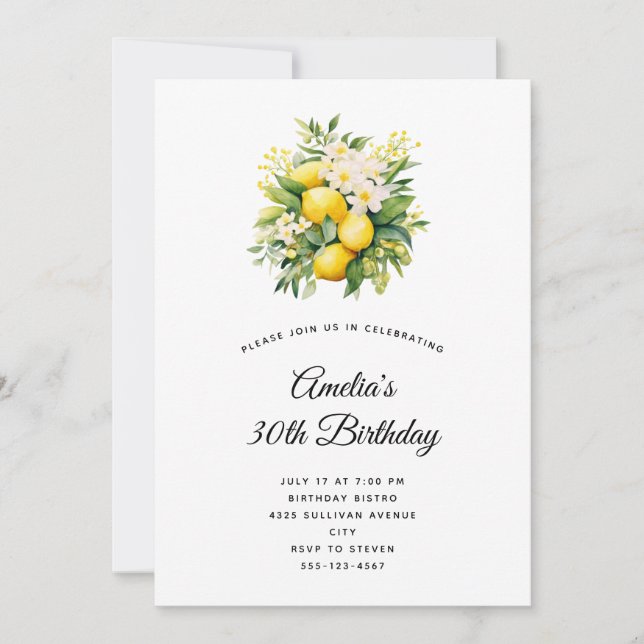 Födelsedagsbukett med vita blommor Citron Inbjudningar (Framsida)