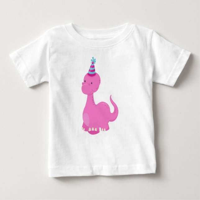Födelsedagsdinosaurie, Festar dinosaurie, Rosa din T Shirt (Framsida)