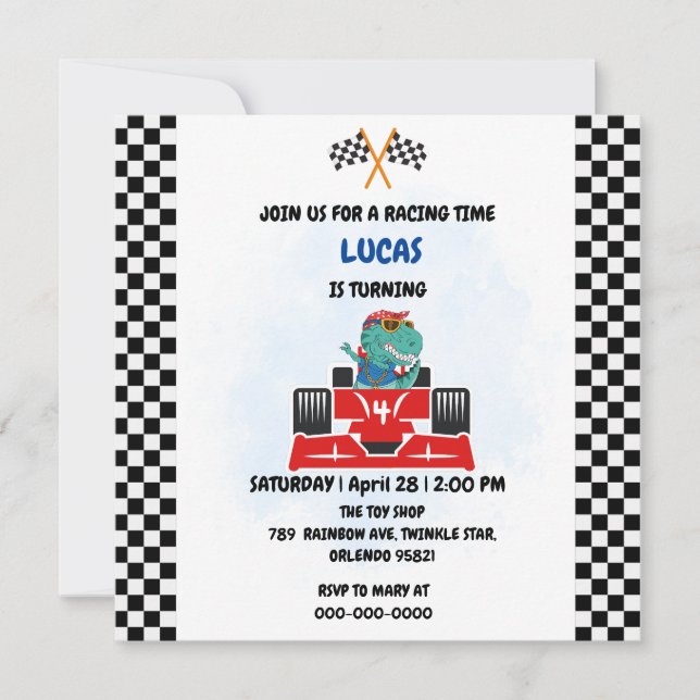 Födelsedagsdinosaurie racerbil pojke röd racing ba tack kort (Framsida)