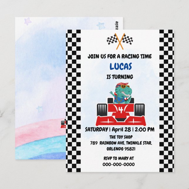 Födelsedagsdinosaurie racerbil pojke röd racing ba vykort (Fram/baksida)