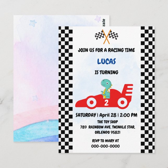 Födelsedagsdinosaurie racerbil pojke röd racing ba vykort (Fram/baksida)