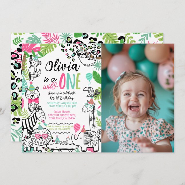 Födelsedagsdjur, Jungle Safari 1-års födelsedag Inbjudningar (Fram/baksida)