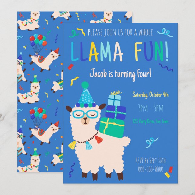 Födelsedagsdjur Lama Födelsedags Pojkar Blå Inbjudningar (Fram/baksida)