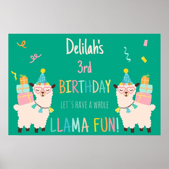 Födelsedagsdjur Lama Födelsedagsflickor Grön Poster (Framsidan)