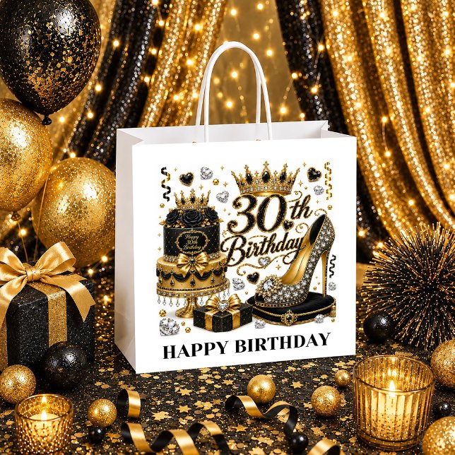Födelsedagsdrottning 30-års presentpåse Guld Svart (Birthday Queen 30th Gift Bag Gold Black Sparkle Luxe)