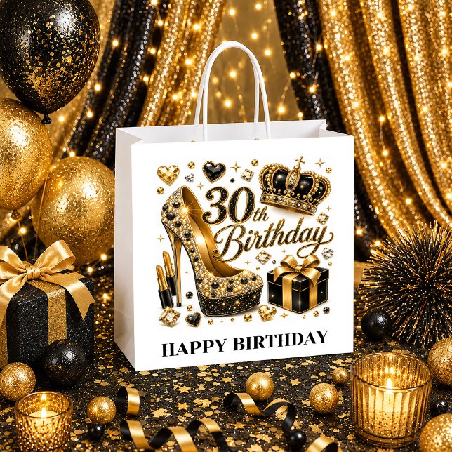 Födelsedagsdrottning 30-års presentpåse Svart Guld (Birthday Queen 30th Gift Bag Black Gold Sparkle Gift)