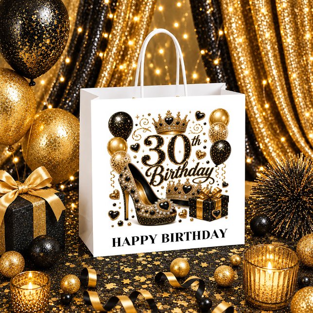 Födelsedagsdrottning 30-årspresentpåse Guld Svart  (Birthday Queen 30th Gift Bag Gold Black Glitter Luxe)