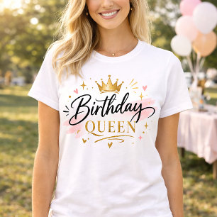 Födelsedagsdrottning Elegant Skrift med Guld Krona T Shirt