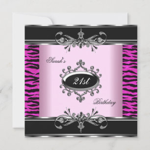 Födelsedagsfest 21:a Zebra Svart Vitt Rosa Silver Inbjudningar