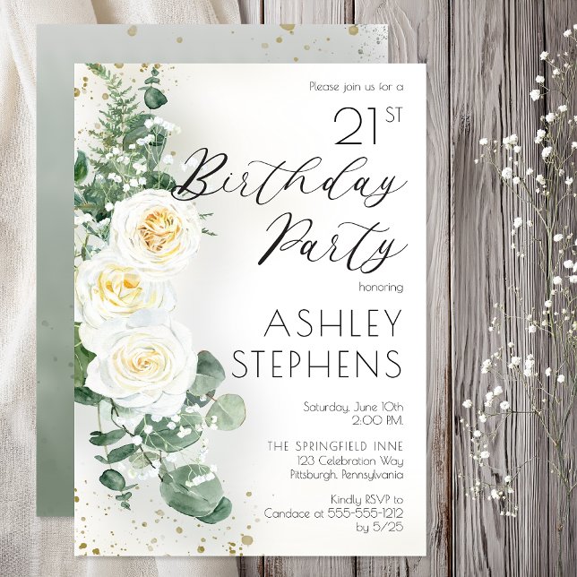 Födelsedagsfest 21 år Elegant vit ros Eukalyptus Inbjudningar (Boho White Roses Eucalyptus 21st Birthday Party Invitation -- Print | Digital Download)
