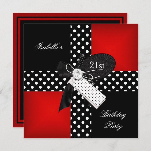 Födelsedagsfest 21 år röd prickig svart vit inbjudningar (Fram/baksida)