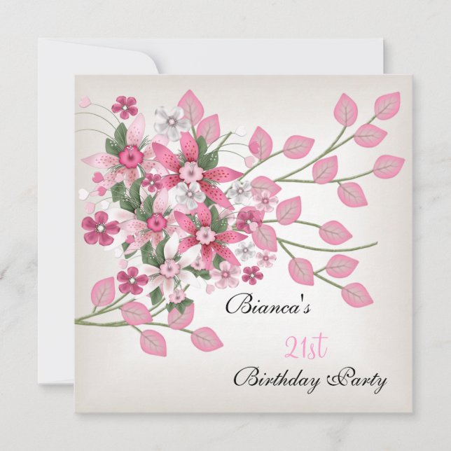 Födelsedagsfest 21 år Rosa blommönster Inbjudningar (Framsida)