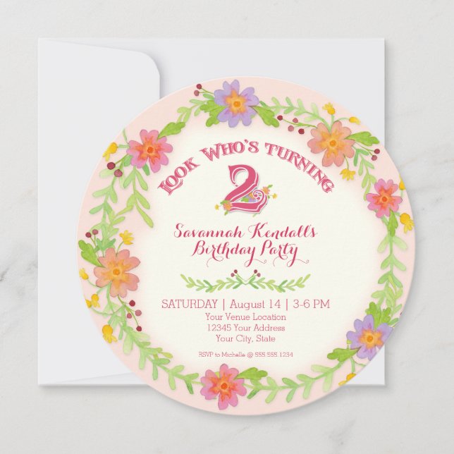 födelsedagsfest 2 ÅRS Gammal flicka, Blommigt med  Inbjudningar (Framsida)