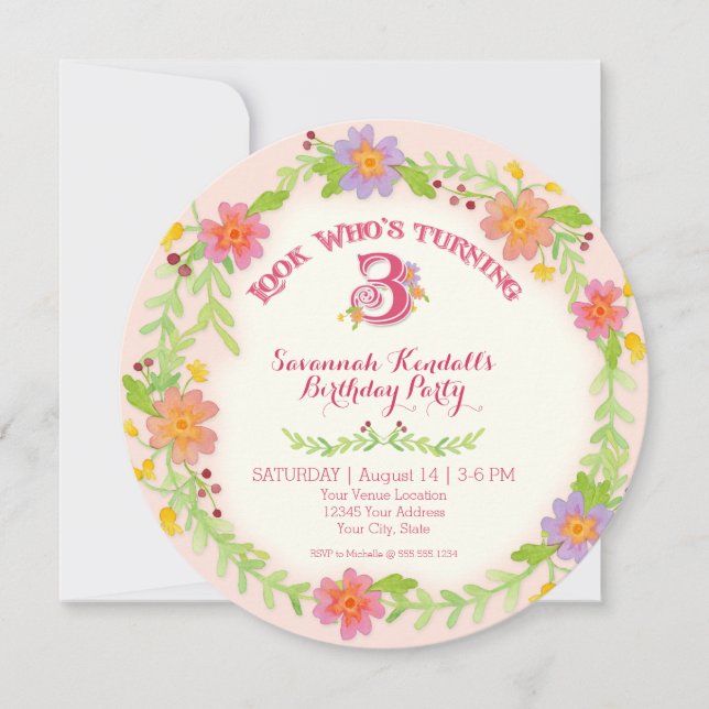 Födelsedagsfest 3 år gammal flicka, inbjudningar (Framsida)