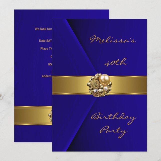 Födelsedagsfest 40-års blå sammets- guld pärl- juv inbjudningar (Fram/baksida)