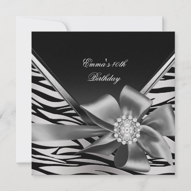 Födelsedagsfest 40-års svart silver zebra diamant inbjudningar (Framsida)