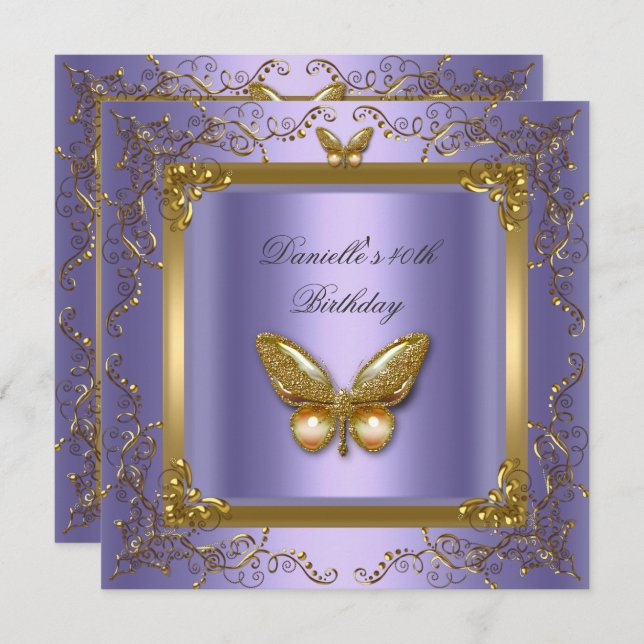 Födelsedagsfest 40:e Guld Lila Butterfly Inbjudningar (Fram/baksida)