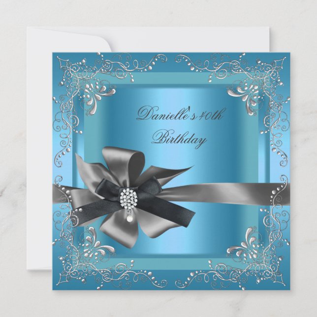 Födelsedagsfest 40th Blue Silver Black Grått Inbjudningar (Framsida)