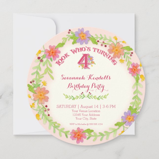 Födelsedagsfest 4 år gammal flicka, vattenfärgad B Inbjudningar (Framsida)