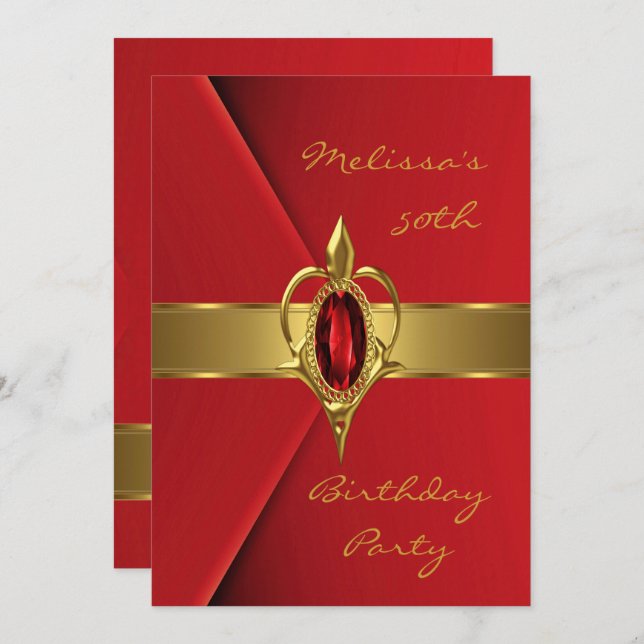 Födelsedagsfest 50th Faux Velvet Red Pearl guld Inbjudningar (Fram/baksida)