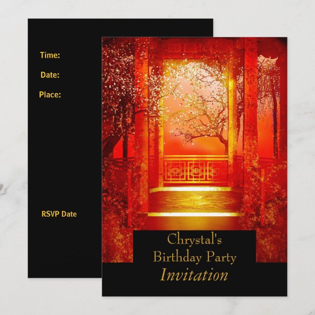 Födelsedagsfest asiatiskt tema röd guld inbjudningar (Fram/baksida)