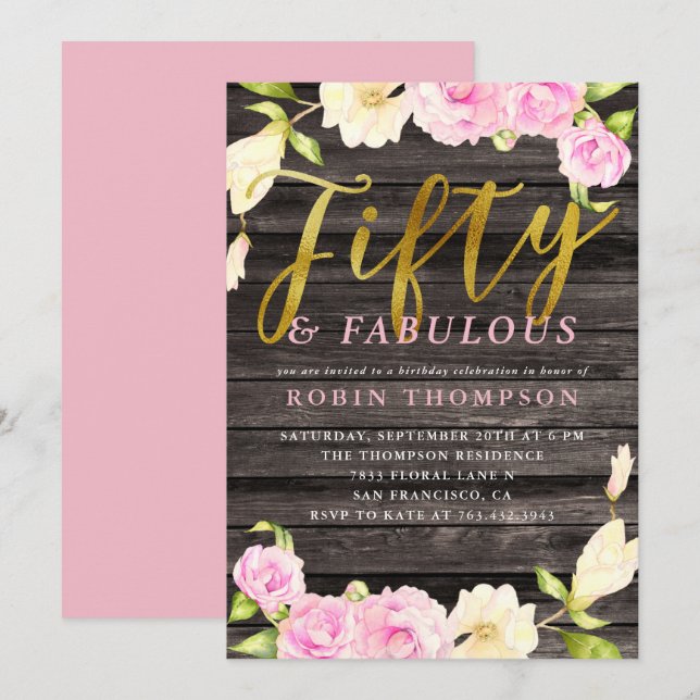 Födelsedagsfest av 50-Rosa-Blommigt Inbjudningar (Fram/baksida)